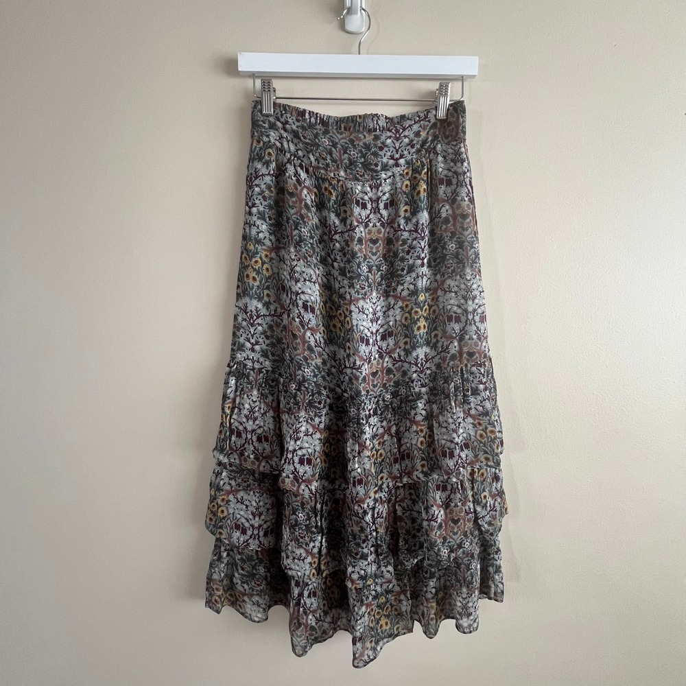 ba&sh Floral Tiered Ruffle Midi Skirt Sage Blue Moody Vintage Print 0 XS